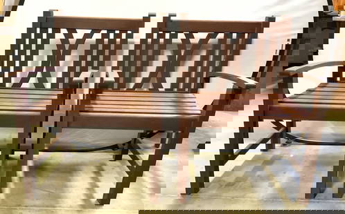Pr Outdoor Wooden Patio Arm Chairs End Chairs: Lot includes 2 wooden chairs. Each chair is brown toned & has armrests. Chair legs have side stretchers in between. Each chair measures 35.5 inches tall 26 inches wide 24 inches deep. Chairs, wooden c