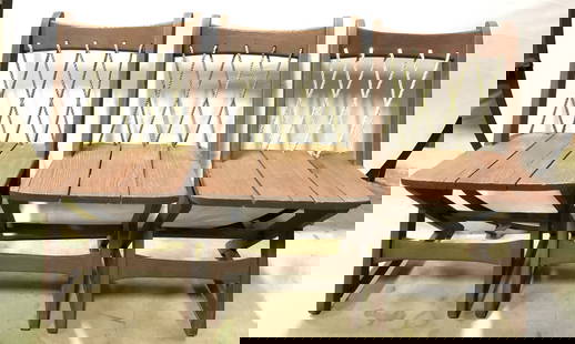 Set 3 Vtg Wooden Cord Back Patio Chairs: Lot includes 3 chairs. Each are brown toned & wooden. Chairs appears to be vintage. Each have crossed corded structures to backrests. Chairs have X legs with stretchers in between. Each chair measures