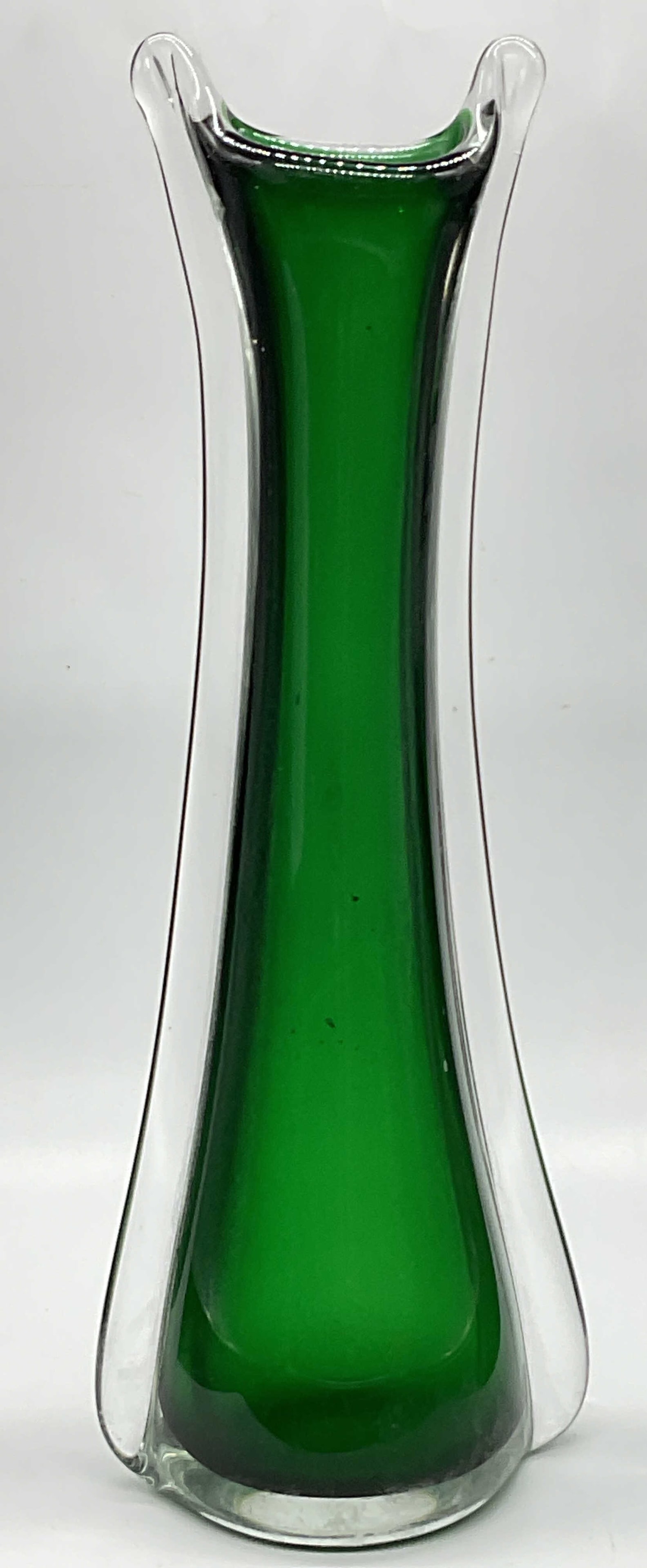 Vintage Green Art Glass Vase: Vintage Green Art Glass Vase. Crafted from colorless and green glass. Thick walled. Measures approx. 11.5H x 4W in. Residue and surface wear present. home decor, home accents, homewares, housewares, h