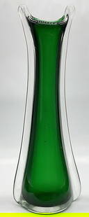 Vintage Green Art Glass Vase: Vintage Green Art Glass Vase. Crafted from colorless and green glass. Thick walled. Measures approx. 11.5H x 4W in. Residue and surface wear present. home decor, home accents, homewares, housewares, h