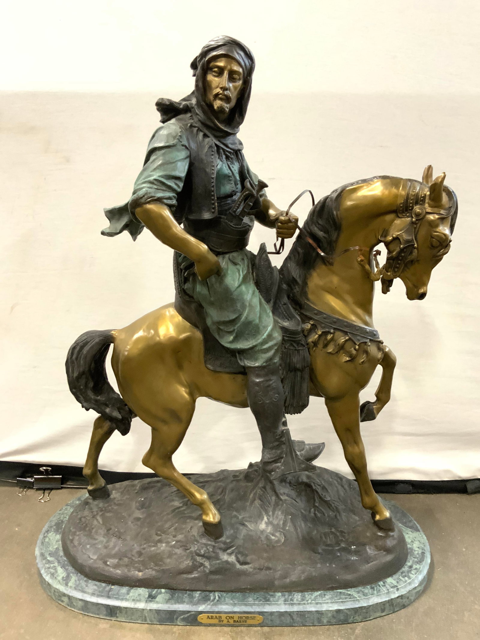 Attr Alfred Barye ARAB ON HORSE Brnz Sclpt: Plaque on front on base reads ARAB ON HORSE by A BARYE. Sculpture is bronze with forest green toned marble base. Depicts a male figure riding horseback. Measures approx 30 inches tall 24 inches wide 1