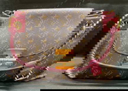 Louis Vuitton Olympe Monogram Magenta Handbag Frnc: Louis Vuitton Olympe handbag. Brown monogram canvas with magenta leather trim. Magenta suede lined interior. Signed on gold tone hardware. Made in France. Date code SP0123. Measures approx 15 x 6 x 10