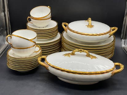 Set 37 LIMOGES FRANCE Bawo & Dotter Porcelain: Set 37 LIMOGES FRANCE Bawo & Dotter Porcelain Tableware. Undersides signed Bawo & Dotter, Elite, Limoges France. White porcelain with gilt accents. Includes dinner plates, saucers, lunch plates, teacu