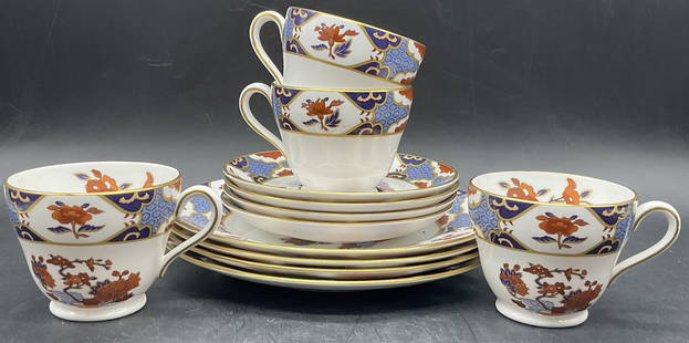 Set 12 SPODE Fine Bone China Shima Tableware, Eng: Set of Twelve SPODE Fine Bone China Shima Tableware. Includes teacups, saucers, and plates. Decorated with Imari saffron, cobalt blue, and holy hues. Florals and geometric patterns to the pieces. Unde