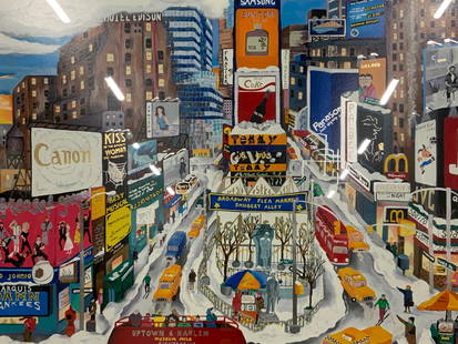 Linnea Pergola Times Square in Snow Serigraph: Silk screen serigraph on paper. Art by Linnea Pergola. Signed in lower right corner. Limited edition number 290/300. Dated 1995. Titled The Great White Way. Subject depicts Times Square in winter with