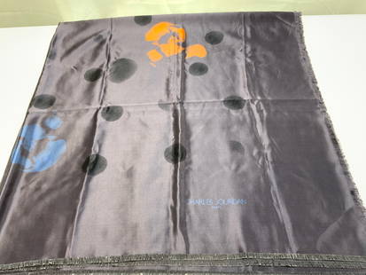 Charles Jourdan Purple Abstract Silk Scarf PARIS: Charles Jourdan Purple Abstract Silk Scarf PARIS Scarf that a dark purple background with a distinctive pattern of black circles & an orange & blue abstract design. Signed & marked on bottom right. Re