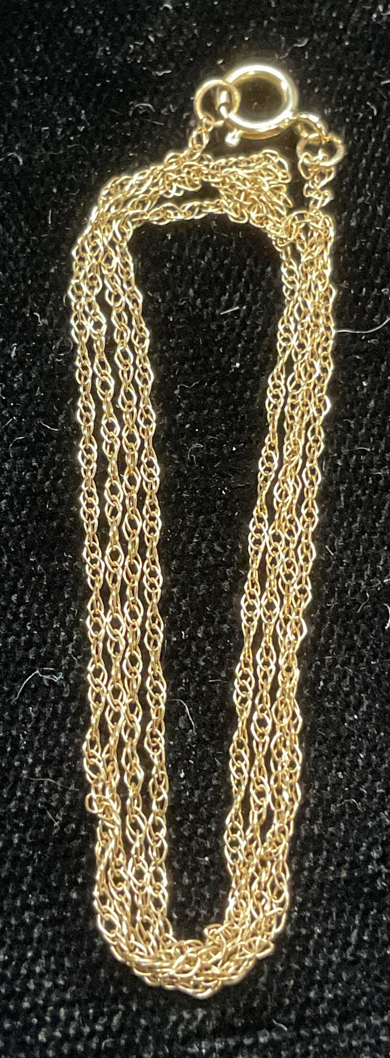 Vintage 14K Yellow Gold Dainty Chain Necklace: Vintage 14k yellow gold dainty chain necklace. Marked 585. Drop length approx 8.5 inches. Total weight 0.4 dwt. Some wear including scratching observed. Jewelry, estate jewelry, fine jewelry, cocktail