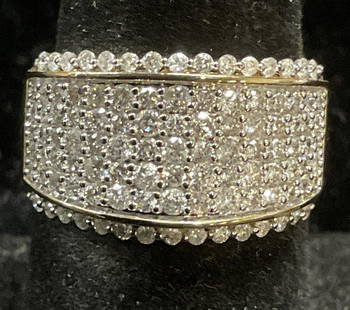 Signed UD 14K Gold Pave Diamond Band Ring: Signed 14k yellow gold ring with wide pave diamond band. Signed UD. Marked 14k. Ring size 6. Band approx 3/8 inches wide. Total weight 4.8 grams. Some wear including scratching observed. Jewelry, esta