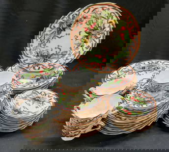 Set Tiffany & Co Tiffany Holiday Fine China Japan: Set Tiffany & Co Tiffany Holiday fine china. Set Includes 7 cups, 7 saucers, 7 dinner plates, 5 dessert plates, 6 soup bowls, 7 salad plates. White with gold detailing and floral ribbon patterns and g