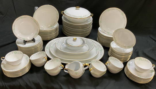 H&CO SELB BAVARIA HEINRICH ANMUT Set 87 Prc: Undersides each read H&CO SELB BAVARIA. Lot includes 12 dinner plates, 12 bowls, 12 salad plates, 12 bread plates, 12 dessert bowls, 10 saucers, 10 teacups, 2 oval serving dishes, 1 oval serving bowl