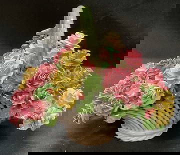 Ceramic Flower Basket Italy: Ceramic flower basket. Glazed ceramic dusty pink and yellow flower basket. Signed on underside. Made in Italy. 6.5 x 5.5 inches. Wear including chipping. Ceramic flower basket, Houseware, House decora