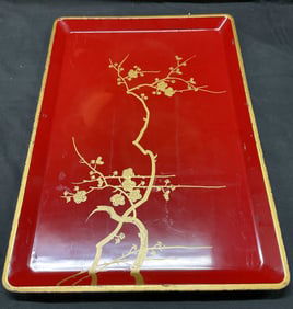 Vtg signed ST Lacquered Gilt Cherry Blossom Tray