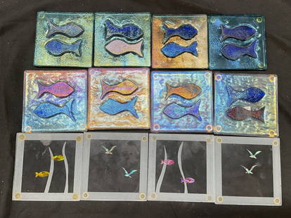 Group lot 12 Art Glass Fish Motif Coasters: Group lot 12 Art glass fish motif coasters. 3 fish designs with varying shades of blue. 3.5 x 3.5 inches. Some surface wear including scratching and chipping. Fish coaster, drink coasters, glass coast