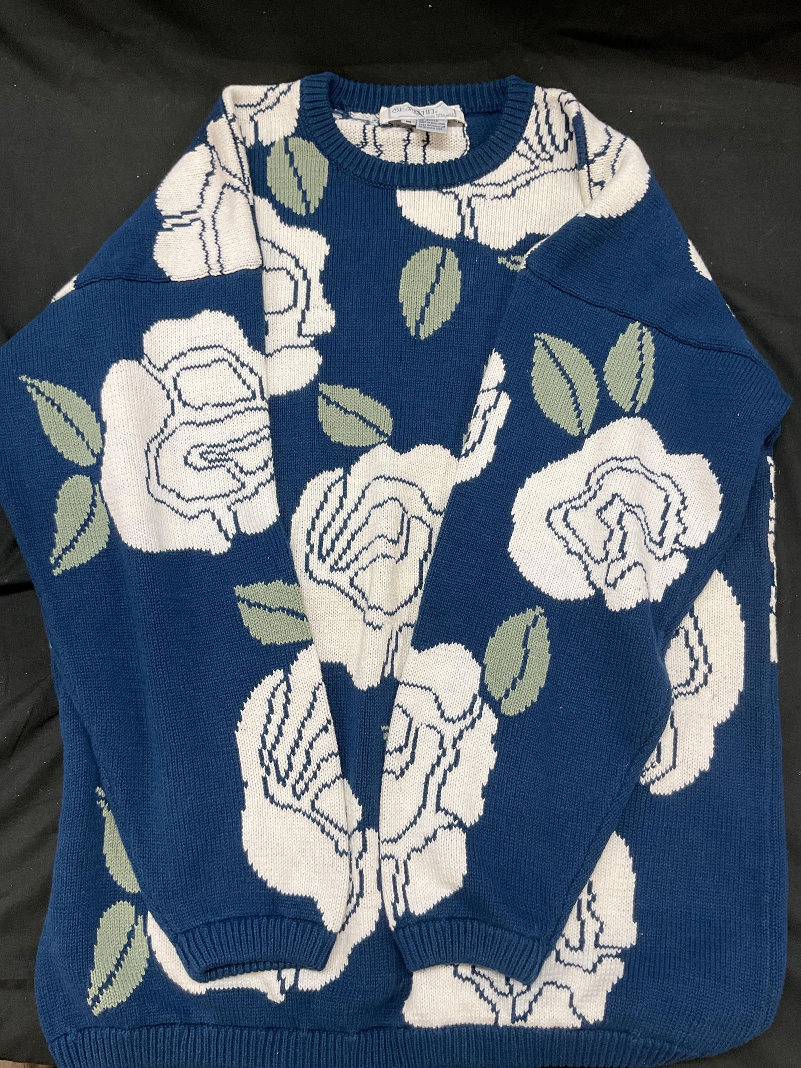 St Michael Blue Floral Cotton Knit Sweater France: St Michael blue floral cotton knit sweater. White floral pattern with green leaves. 100% cotton. Made in France. Size M. Some wear to material consistent of age, slight discoloration, loose thread. St