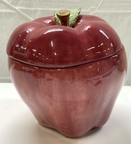 Vintage Red Glossy Ceramic Apple Cookie Jar W Lid