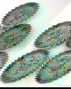 5 Turquoise Asian Butterflies&Floral Porc Dishes: 5 Turquoise Asian Butterflies&Floral Porc Dishes 5 Asian dishes featuring a turquoise background color adorned with colorful butterflies & floral motifs. Dishes are hand-painted. Signed & marked on un