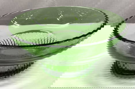 Footed Green Depression Glass Candy Bowl: Footed Green Depression Glass Candy Bowl Candy bowl has a pedestal/footed base. Base has a ribbed textured appearance. Has a vibrant green glass color. Surface wear consistent to age, use & exposure.