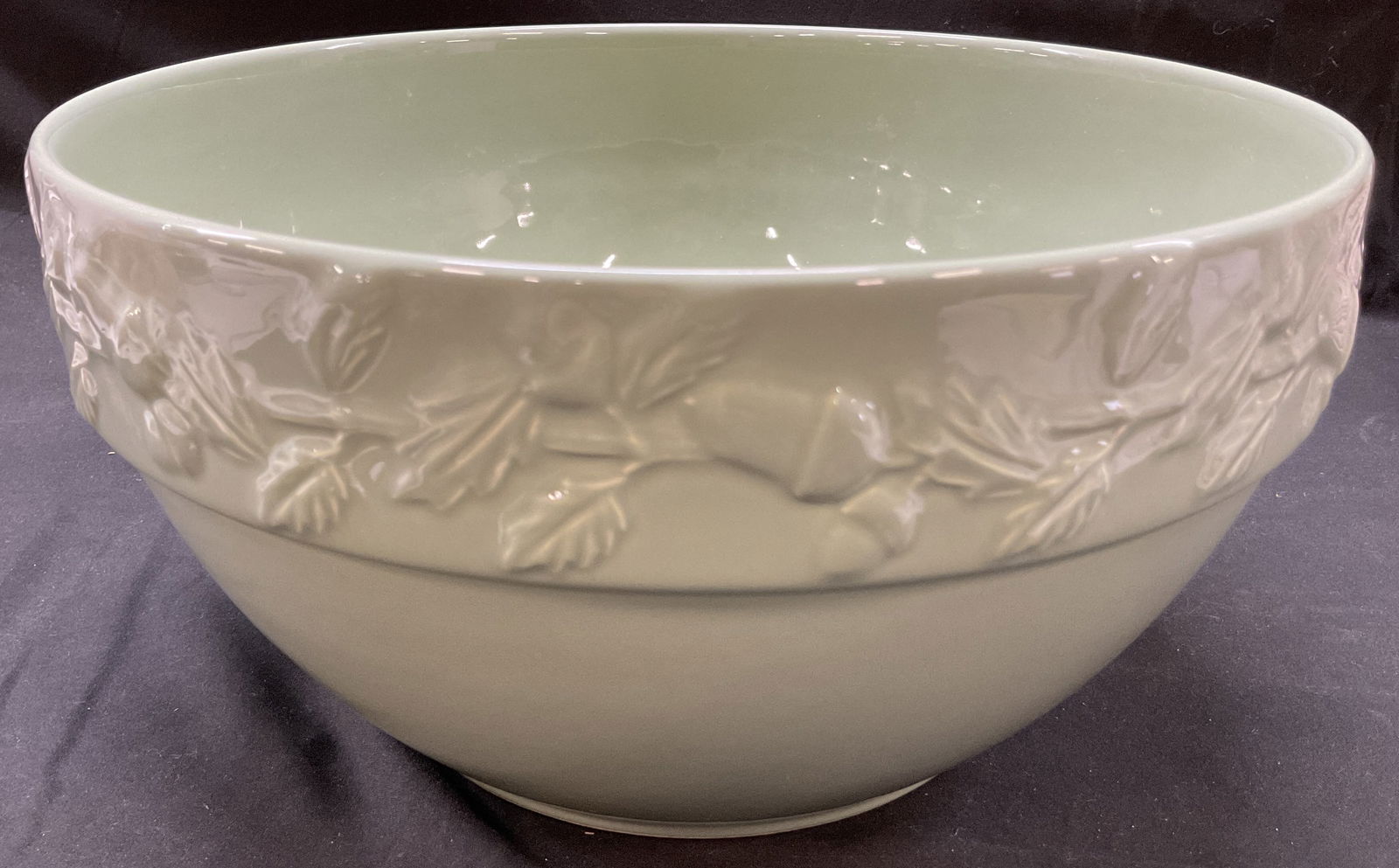 Green Ceramic Acorn Serving Bowl: Green ceramic acorn serving bowl. Raised acorn and leaf pattern on rim. 12 x 6 inches. Some surface wear consistent with exposure. Green ceramic serving bowl, Homeware, Table accessories, Tableware, S