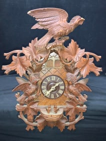 Antq Carved Wooden Bird Cuckoo Clock W Weights