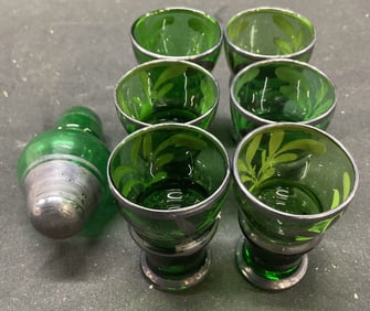 6 Green Glass Liquor Decanter Set