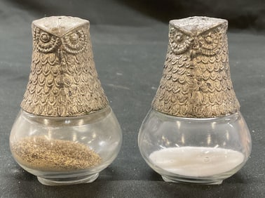 Silver and Glass Owl Salt and Pepper Shakers