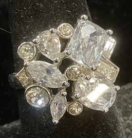 Signed Silver Tone Crystal Cocktail Ring