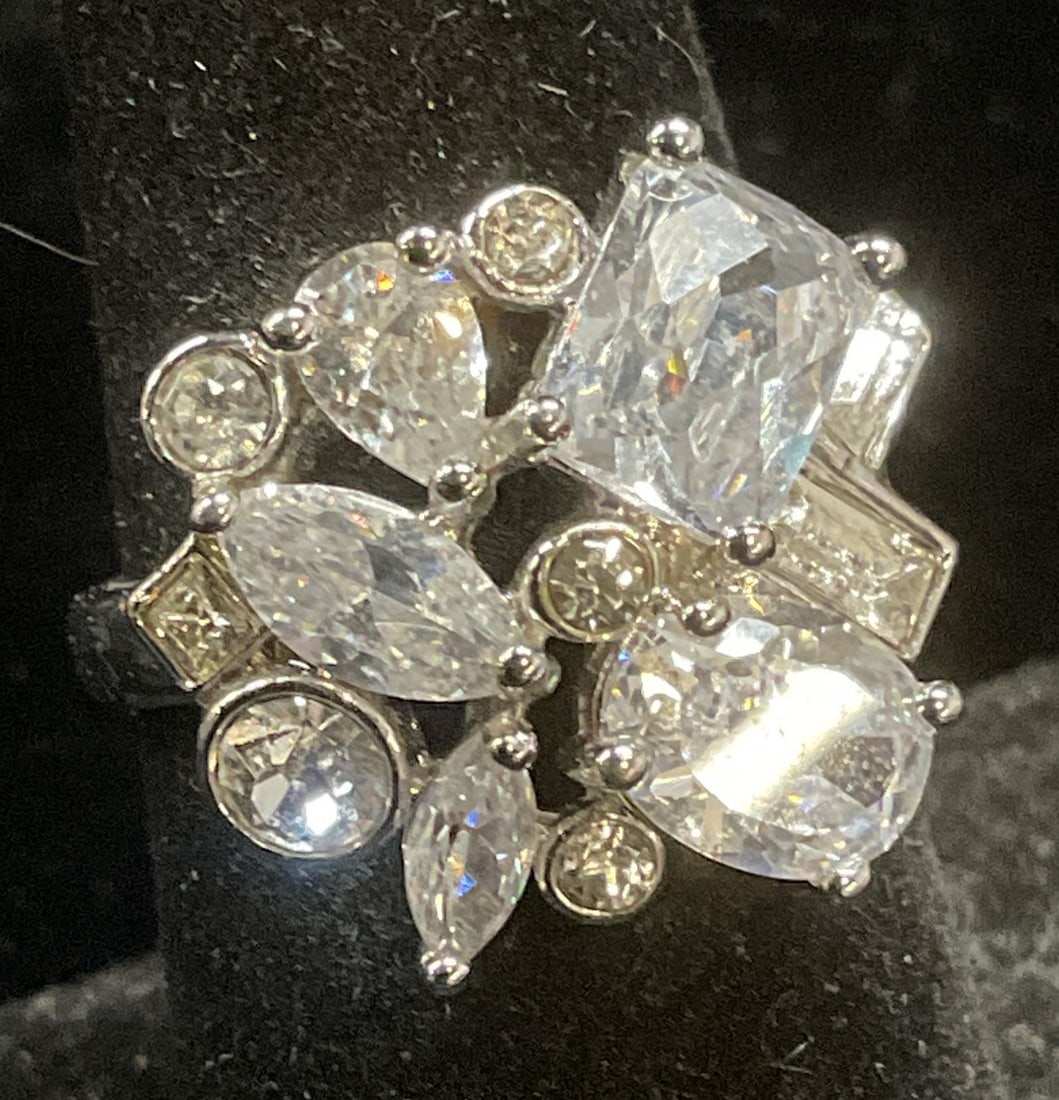 Signed Silver Tone Crystal Cocktail Ring (1 of 5)