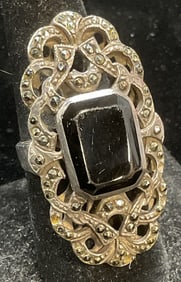 Sterling Silver Marcasite Onyx Art Deco Ring