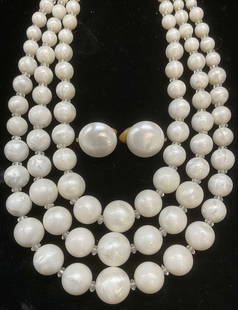 Lot 2 Vtg Trifari Faux Pearl Earrings & Necklace: Lot of 2 Vintage matching jewelry pieces. Faux pearl and crystal beaded multi strand necklace and stud earrings. Signed Trifari on necklace and earrings. Necklace drop length approx 8.5 inches. Earrin