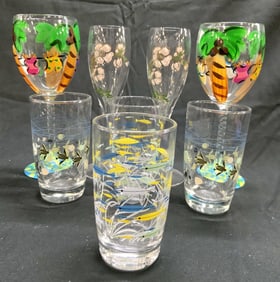 Lot 8 Hand Painted Assorted Barware Vessels