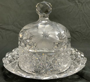 Vtg American Brilliant Cut Crstl Butter Dish W Lid