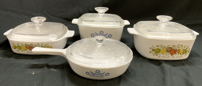 Lot 4 CORNINGWARE Dishes W Glass Lids