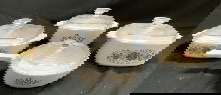 Lot 4 CORNINGWARE Dishes W Glass Lids: Lot includes 4 CORNINGWARE dishes. Includes 2 white with blue toned floral and leaf detail & 2 with vegetable and leaf detail (reads LEchalote). Each piece includes glass lids. One piece has pan shape