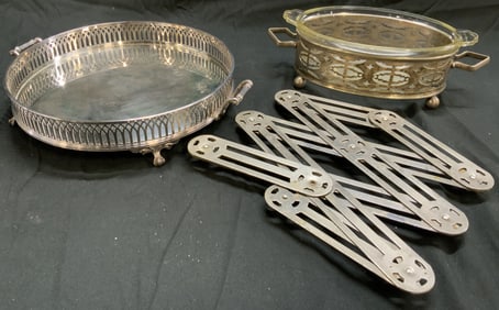 Silver Plated Serving Dishes & Folding Trivet Eng+