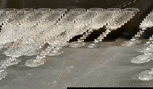 Set 24 Cut Crystal Wine & Coupe Glasses: Set of 24 crystal stemware. Lot includes 8 coupe glasses, 8 cordial glasses, and 8 wine glasses. Diamond pattern bowls and square cut stems. Coupes measures approx 3.5 x 5 inches, cordial glasses meas