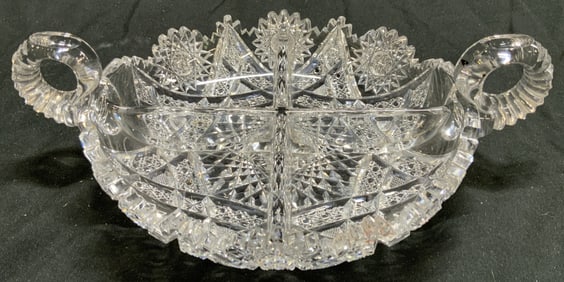 American Brilliant Cut Crystal Nut Dish W Handles