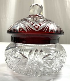Crystal Trinket Box W Cranberry Glass Lid