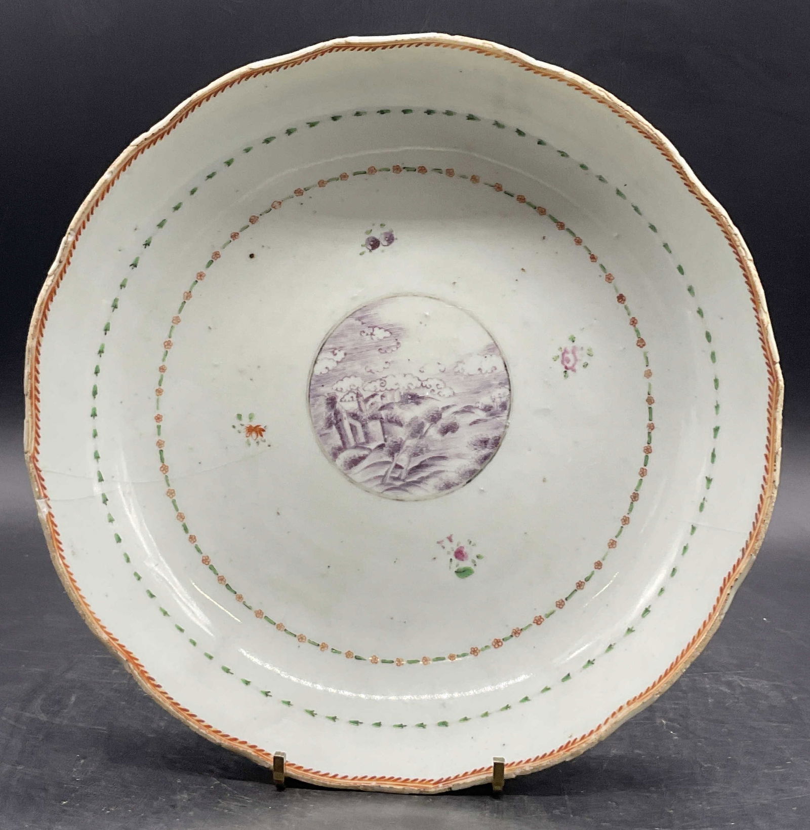 Vintage Hand Painted Floral Motif Ceramic Bowl: Vintage Hand Painted Floral Motif Ceramic Bowl. Landscape scene to the center. Measures approx. 1.75H x 8.75W in. Chipping, cracking, pitting, and discoloration present. home decor, home accents, home