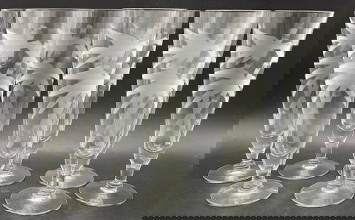 Set 8 Vintage Bamboo Motif Stemware Glasses: Set of 8 Vintage Frosted & Clear Bamboo Motif Stemware Glasses. Measures approx. 8.75H x 2.75W in. Surface wear consistent with age, use, and exposure. Bubbles to glass. home decor, home accents, home