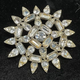 Vintage Silver Tone Crystal Flower Brooch