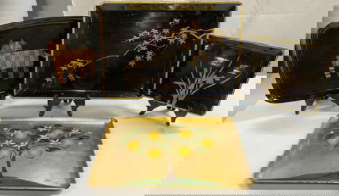 Lot 4 Lacquer & Gilt Serv Trays Couroc & More