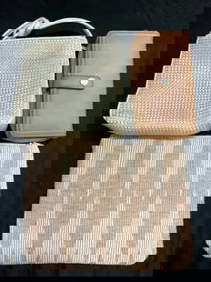Lot 3 Womens Clutches & Purse MONDANI & More: Lot includes 1 white toned purse, gilt zipper pull inscribed MONDANI (piece has interior pocket, 1 Tan toned leather clutch button snap inscribed GUANGTONG, & cloth clutch with zig zag detail (interio