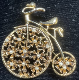 Vintage Gold Tone Faux Pearl Bicycle Brooch