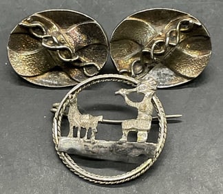 Vntg Sterling Silver Earrings & Alpaca Farmer Pin