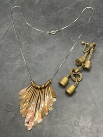 2 Vtg Hammered Metal Pendant Necklace & Earrings