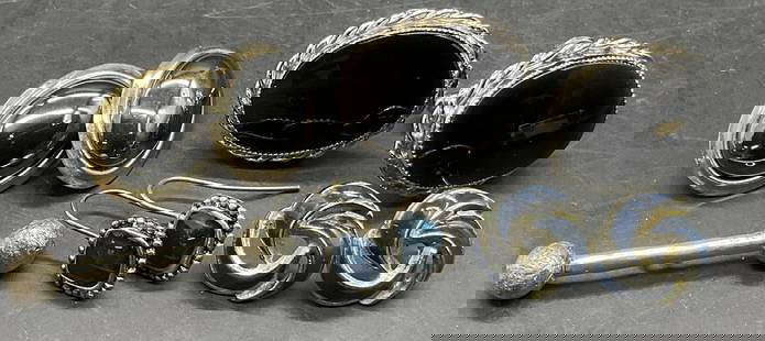 Lot 5 Vintage Cuff Links, Earrings, & Pendant: Lot includes a pair of cuff links, three pairs of earrings, and one necklace pendant. Pieces are crafted from silver or gold toned metal. Some pieces feature blue hued enamelwork. The cuff links featu
