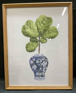 Framed Botanical Asian Vase Plant Lithograph: Framed lithograph. Botanical still life with Asian blue and white vase. Wood frame. Not examined out of frame. Frame measures approx 19 x 15 inches. Some wear consistent with exposure. Art, fine art p