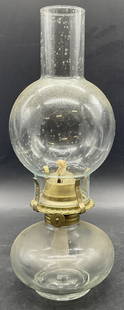 ARDA MEXICO Vintage Glass & Metal Oil Lamp: Vintage Glass & Metal Oil Lamp. Measures approx. 13H x 4.5W in. Hardware reads ARDA MEXICO. Not tested for function. Top piece is not attached. Residue, discoloration, and surface wear present. home d