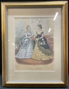 Antique Le Mode Illustree French Fashion Litho: Framed and matted antique hand colored lithograph. Le Mode Illustree. French Victorian fashion print. Two women in fashionable costumes. Printed in Paris, France. Gilt wood frame, not examined out of