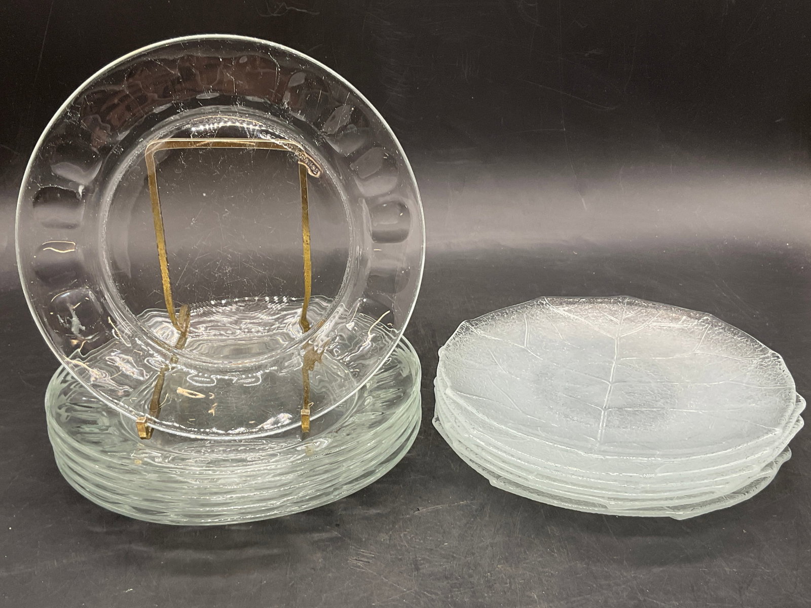 Lot 12 DURAX & ARCOROC FRANCE Glass Dishes: Leaf motif plates signed DURAX and clear dishes signed ARCOROC FRANCE. The ARCOROC FRANCE dishes measure approx. 6L x 6W in. Surface wear, discoloration, and residue present. home decor, home accents,